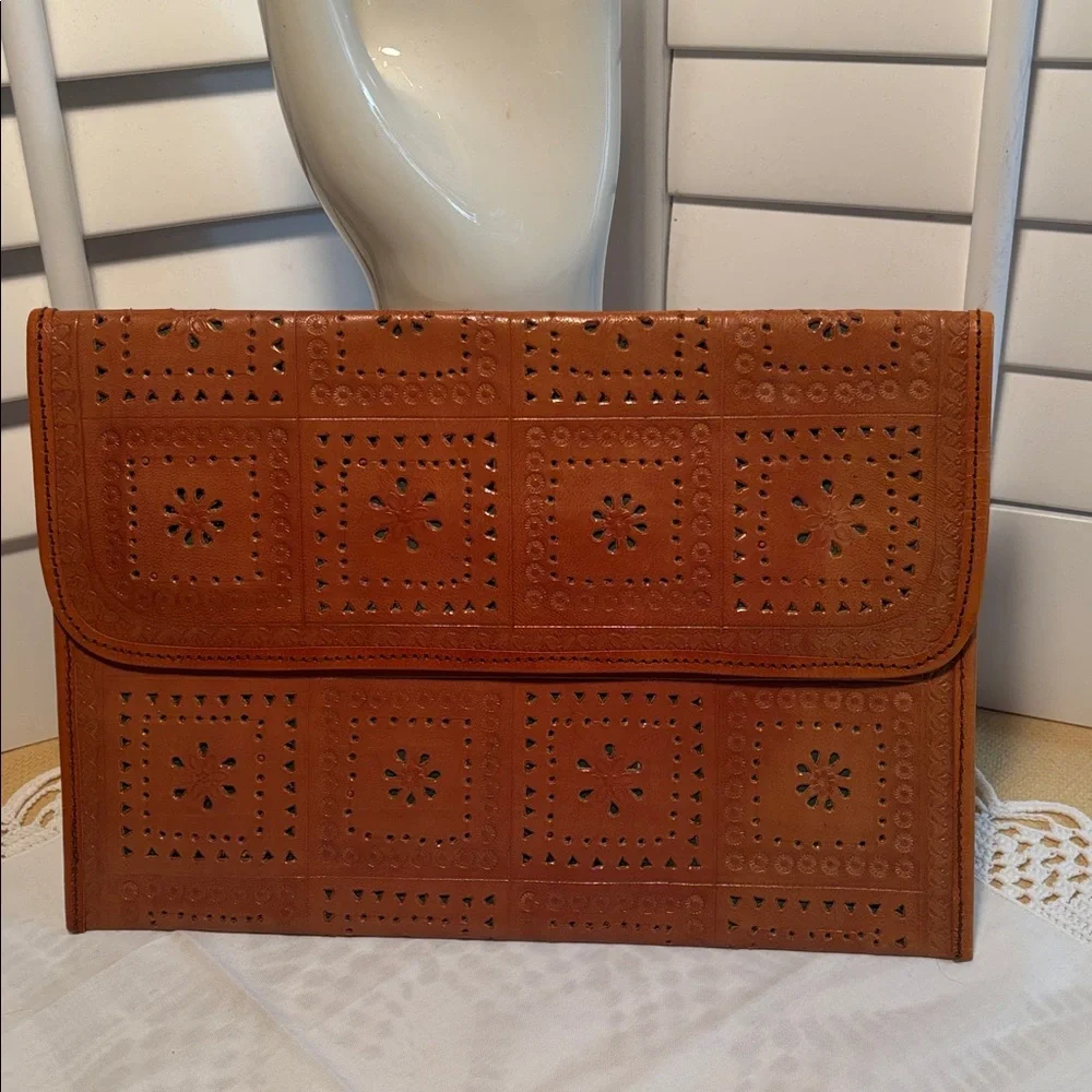 Cognac Leather Clutch w/ Intricate Laser Cut & Embossed Floral New